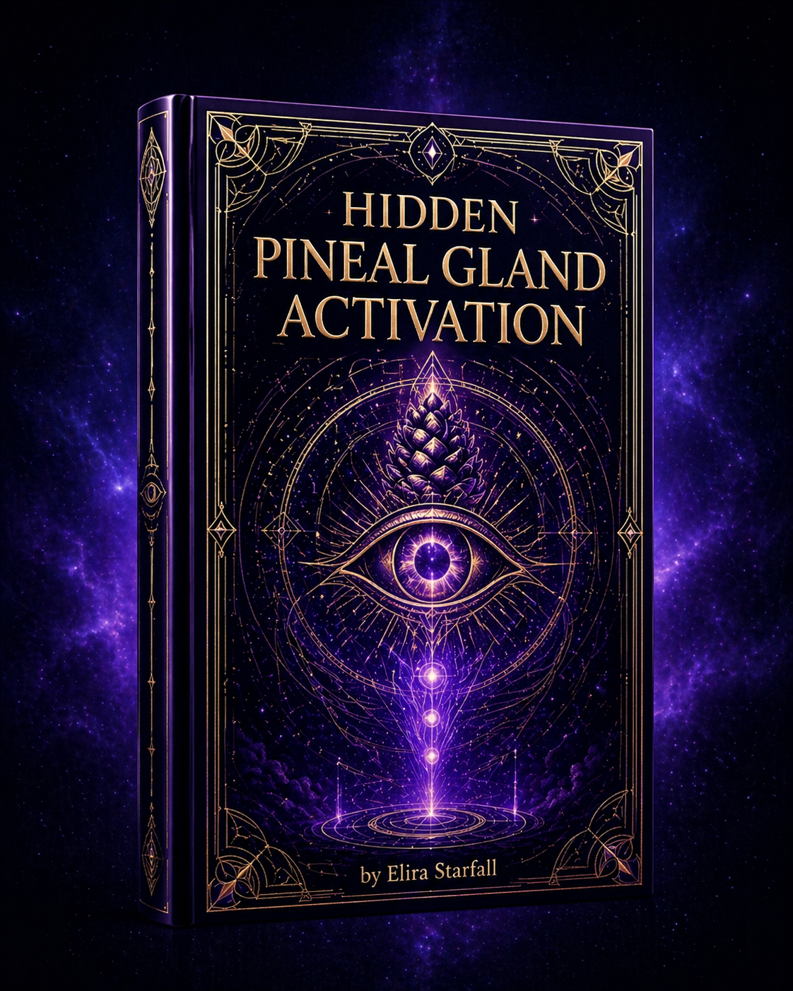 Hidden Pineal Gland Activation ebook cover by Elira Starfall — purple and gold mystical book featuring a third eye and pinecone symbol